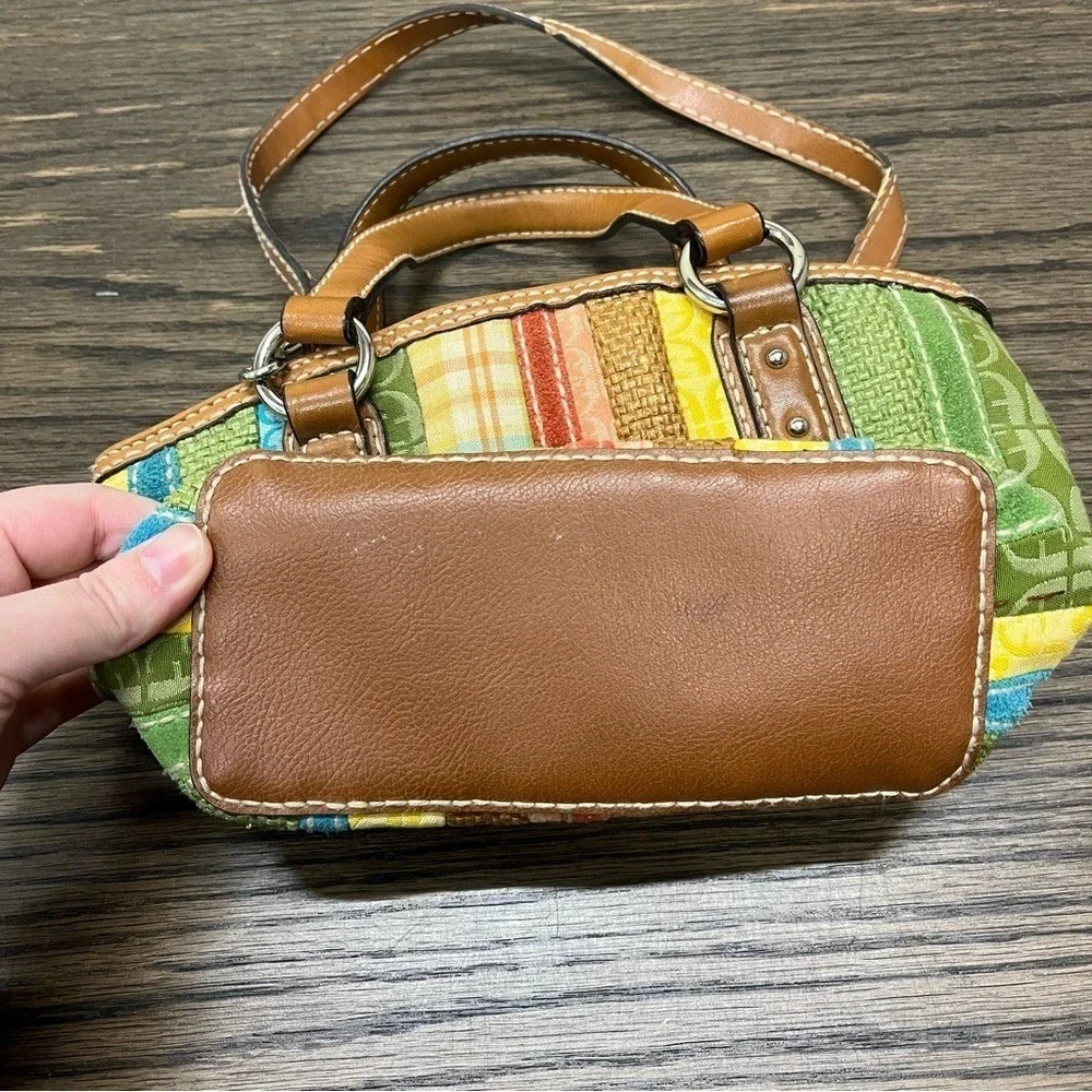 Fossil Patchwork Striped Canvas Leather Satchel Crossbody Bag Multicolor Green